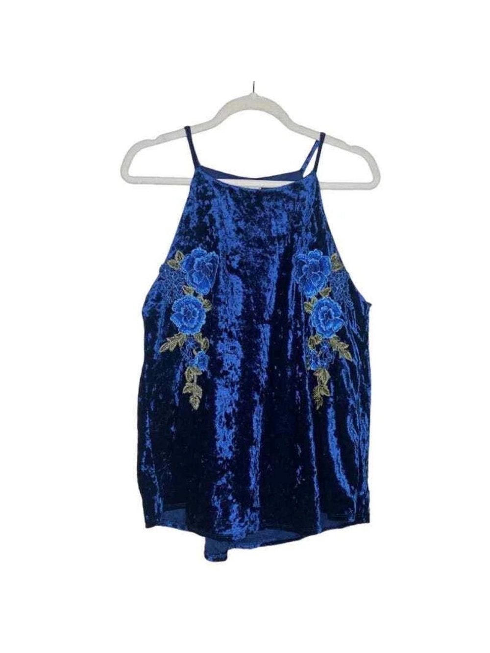 Charming Charlie Crashed Velvet Floral Applique Tank Top Camisole Blue Large